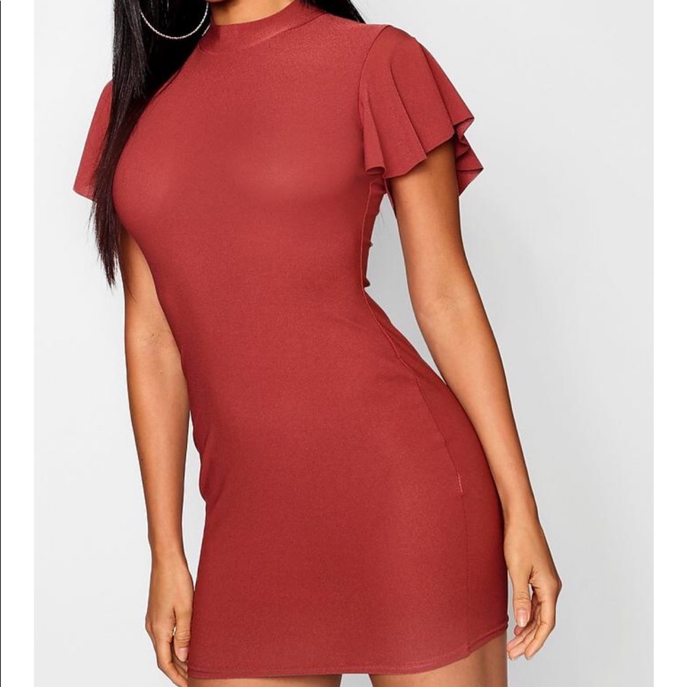 Boohoo High Neck Frill Sleeve Bodycon Dress